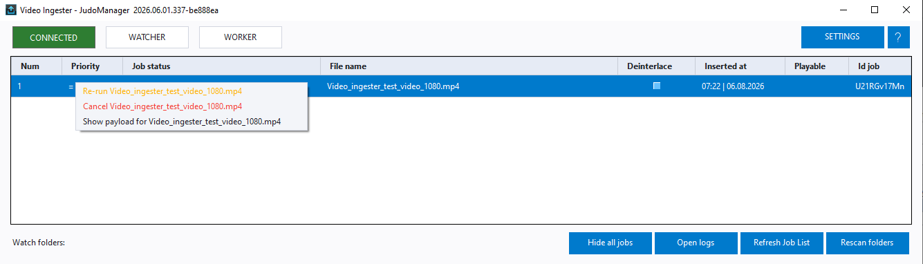 The right-click menu on a job, showing Re-run, Cancel and Show payload